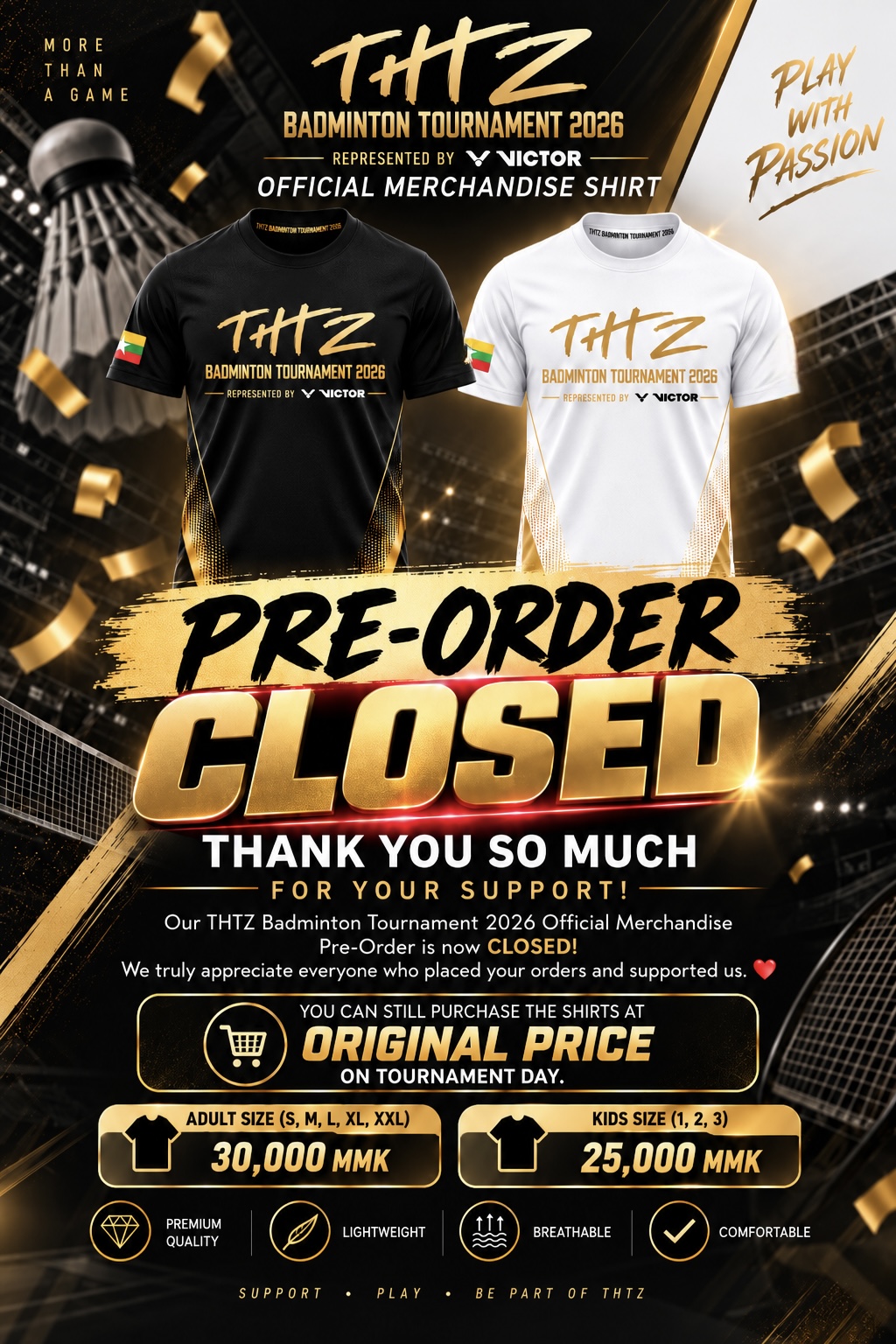 🎉 THTZ BADMINTON TOURNAMENT 2026 — Merchandise Update 🏸🖤💛